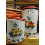 Vintage tin pedal bin painted with a still life of fruits together with a matched set of graduated