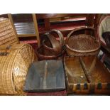 Collection of rice paddy buckets to include two treen buckets and three woven examples; together