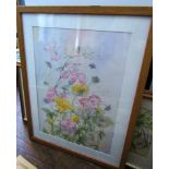 A watercolour of sweet peas, signed bottom right Marilyn Kendall, a further watercolour of a deer