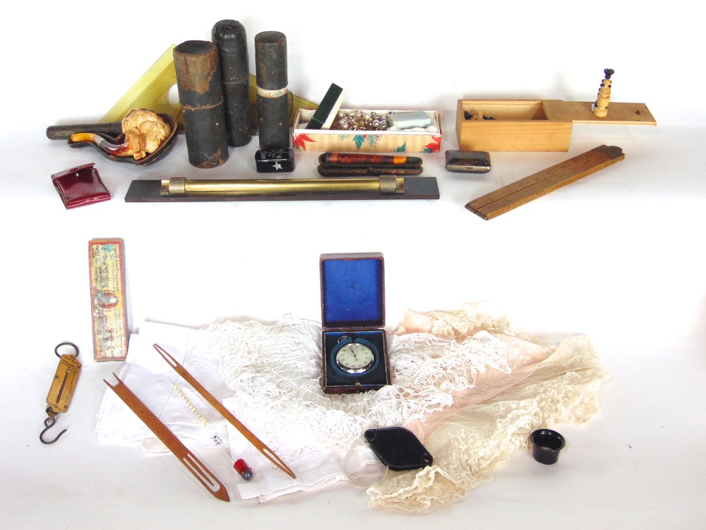 Two boxes of interesting items to include an elaborate meerschaum pipe, costume jewellery, lacquered