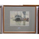 A watercolour by R Sawyers, ARCA showing a dock scene with vessel, signed with initials bottom