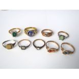 A collection of ladies paste set rings (9), to include three 9k gold examples together with six