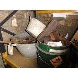 A vintage two handled galvanised steel bath of oval form containing a quantity of various hand