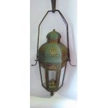 An interesting antique hexagonal hanging toleware ceiling lantern with polychrome details and