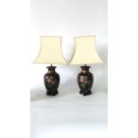 A pair of Victorian style baluster lamps with Japanned/Toleware type decoration of foliage and