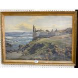 A late 19th century watercolour and gouache study of a coastal scene with ruined castle, cattle,