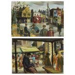 A pair of 20th century gouache studies by Janet Rawlins (born 1931) of a city street scene and a