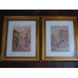 A pair of 19th century watercolours of continental street scenes, signed bottom right E Lewis,