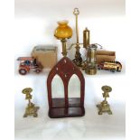 A mixed lot to include a pair of candlesticks, further brass oil lamp converted to electricity,