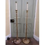 A pair of gilded lamp standards with spiral column supports on disk shaped bases