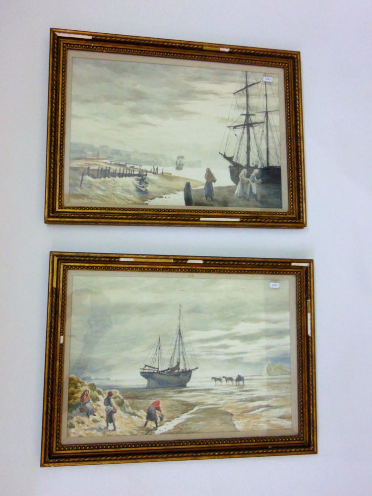 A pair of watercolours of coastal scenes with fishermen and women, beached sailing boat, horse drawn