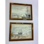 A pair of watercolours of coastal scenes with fishermen and women, beached sailing boat, horse drawn