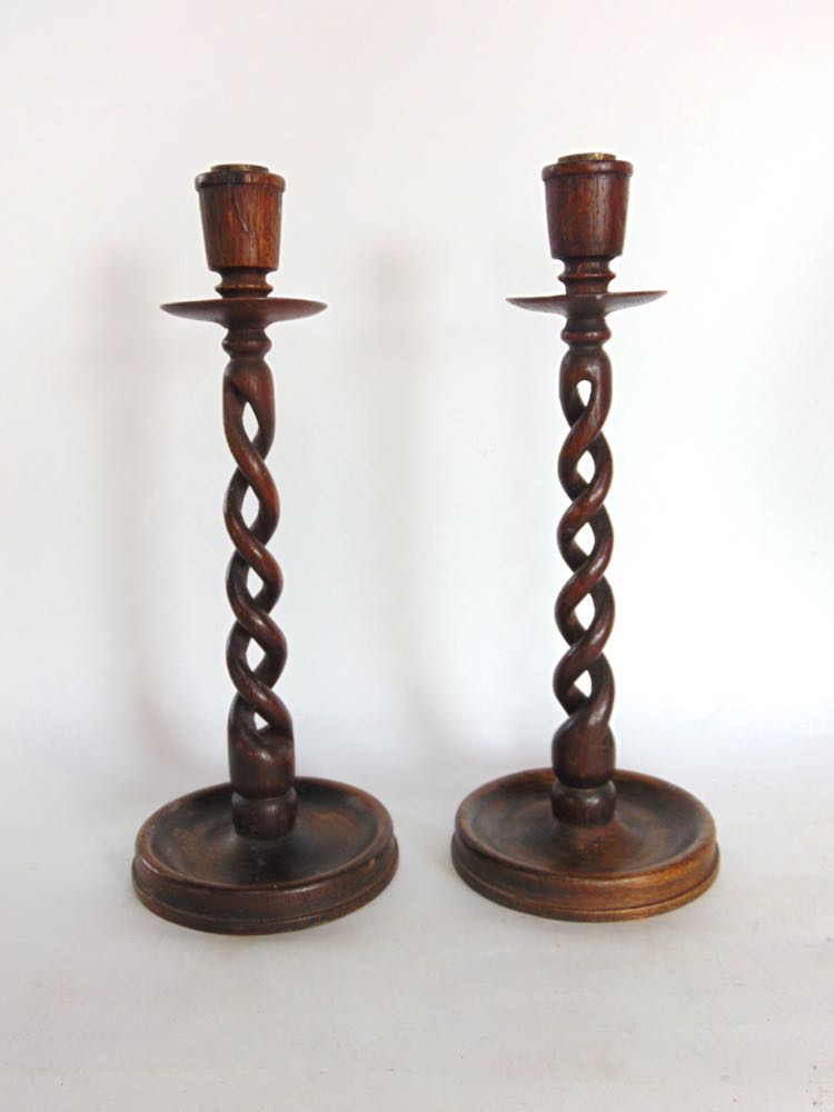 A Victorian oak table knife sharpener together with a pair of open barley twist candlesticks, an - Image 5 of 5