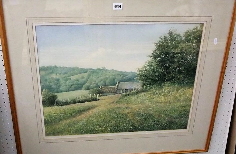 A gouache painting by Kevin Hughes showing a rural landscape with farm buildings, signed bottom left