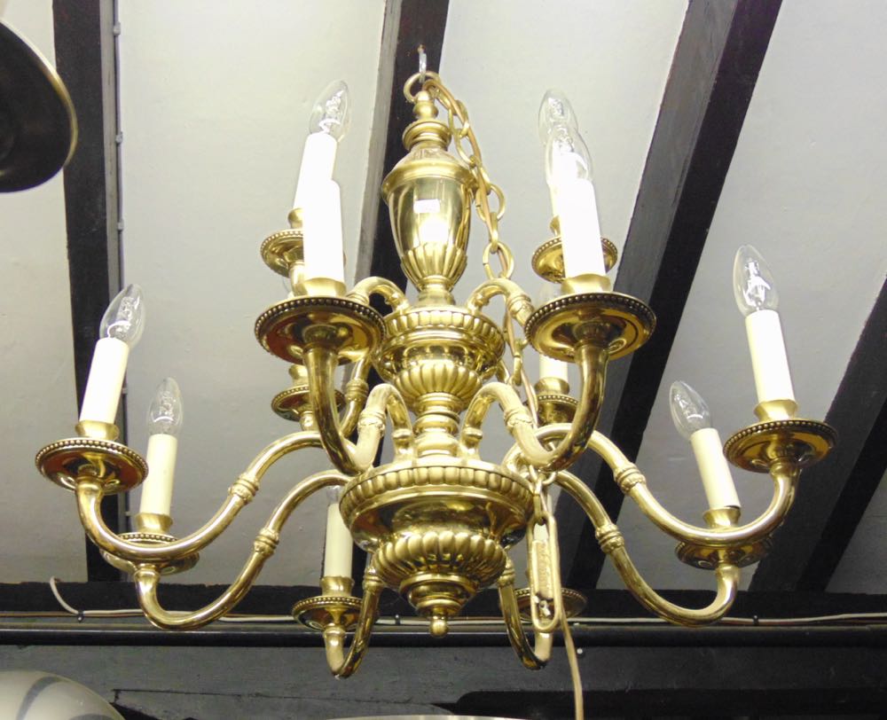 A pair of stepped brass ceiling lights with scrolled branches and gadrooned stems (2)