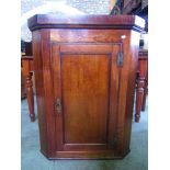 Georgian oak hanging corner cupboard enclosed by a panelled door with brass butterfly hinges and