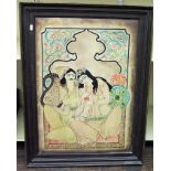 An unusual painting on leather type panel of an Indian moghul type scene with lovers in an