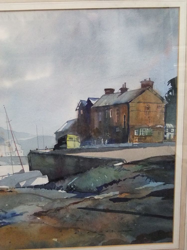 Three 20th century watercolours, two showing farmyard scenes, the other showing a harbour scene, all - Image 3 of 5