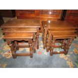 A nest of three graduated occasional tables in oak in an old English style with turned bobbin