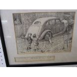 A pair of humorous black and white pen and ink caricatures by Frank Reynolds, one showing a small