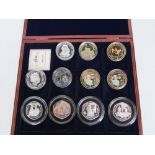 Seven silver coins including £5, £2 and 10$ examples and four further gold plated commemorative