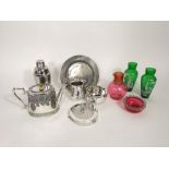 Mixed collection of silver plated glass to include a pair of green glass baluster vases in the