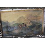 A large 19th century oil painting on canvas of an unusual subject showing a mountainous landscape