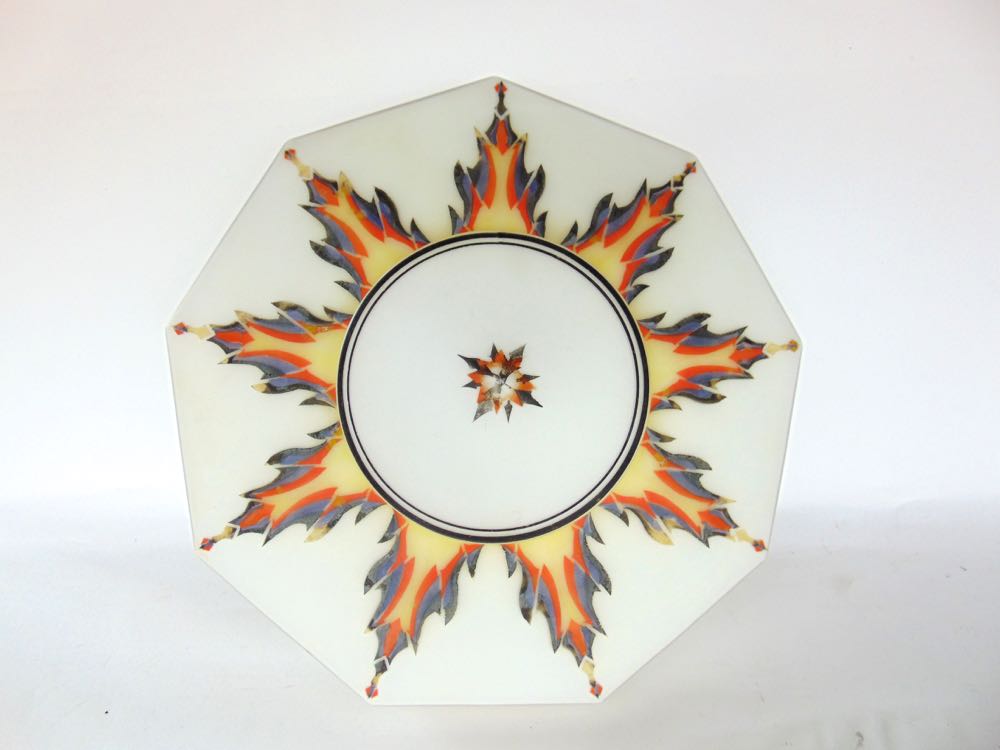 A French Art Deco frosted glass ceiling light painted with metropolis like pattern.