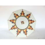 A French Art Deco frosted glass ceiling light painted with metropolis like pattern.