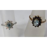 A 9ct white gold opal and aquamarine ring, size M, together with a 9ct aquamarine and sapphire ring,