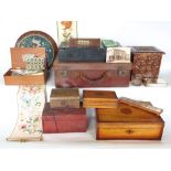 A mixed collection of treen and boxes to include a 19th century rosewood inlaid workbox with