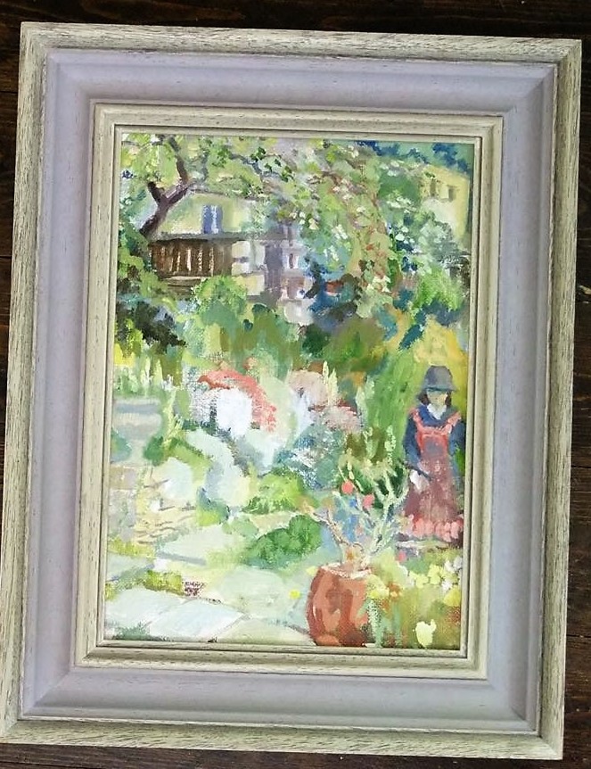 A contemporary oil painting on board of a garden scene with figure and labelled verso Alice J Adams,