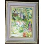 A contemporary oil painting on board of a garden scene with figure and labelled verso Alice J Adams,