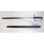 A 19th century musket sword marked W D E12 7/75, with leather sheath, 80 cm long approx.