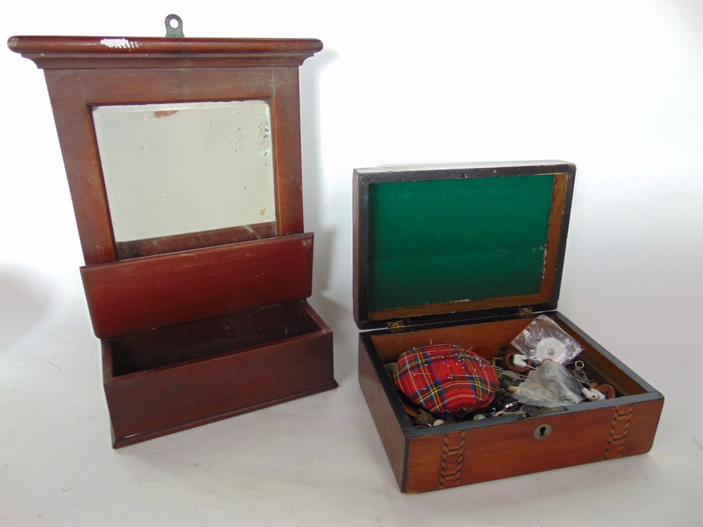 An antique lacquered octagonal box of sarcophagus form together with a further marquetry work box - Image 2 of 2