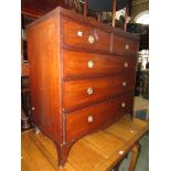 Mid 19th century mahogany chest with three long and two short drawers on swept support 105 cm wide.