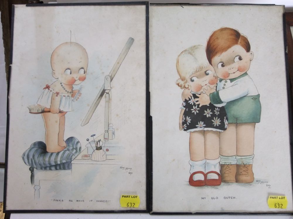 A pair of 1920s watercolour and body colour caricatures in the manner of Mabel Lucie Attwell showing