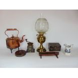 A mixed miscellaneous lot to include antique copper kettle, brass oil lamp with glass shade and