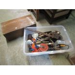 A quantity of vintage hand tools including large wrench, hand drill, etc