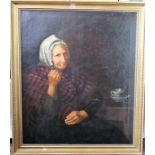 A 19th century oil painting on canvas, half length portrait of an elderly woman smoking a pipe and