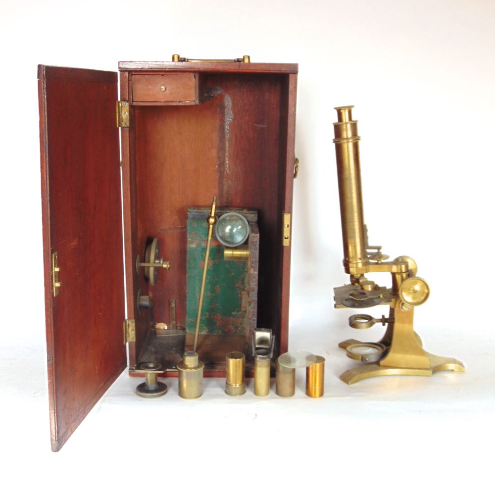 A good mahogany cased lacquered brass monocular microscope, the case fitted with further lenses, - Image 2 of 2