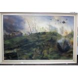 A 20th century oil painting on board of a Second World War battle scene with tank, aircraft,