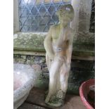 A weathered contemporary cast composition stone garden ornament in the form of a classical female