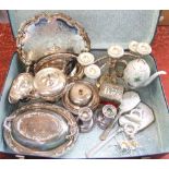 A collection of various silver plated items to include entree dishes, candelabra, salvers, etc;