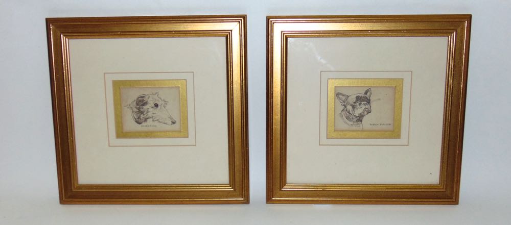 A pair of early 20th century ink studies of the head of a French bulldog and a deer hound, 6 x 8 cm,