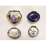 A collection of 4 late 18th and early 19th century Bilston type enamelled pill and patch boxes