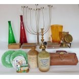 A mixed miscellaneous lot to include a Danish style chrome candelabra, three pieces of Art Glass,