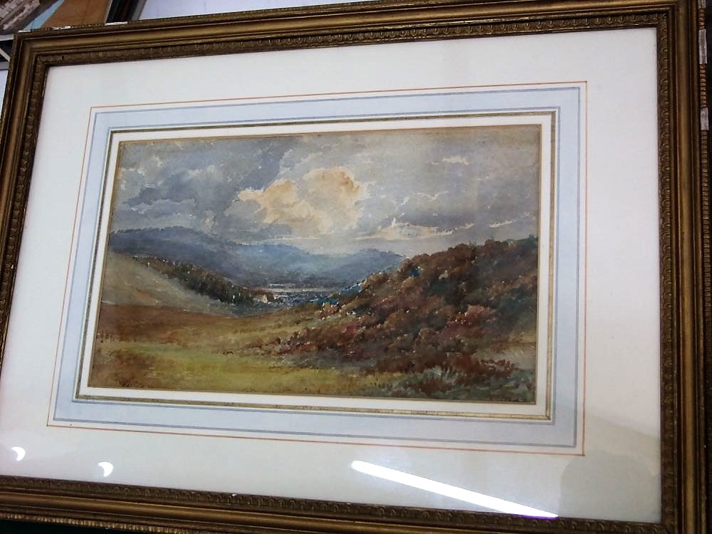 An early 20th century watercolour study of a mountainous landscape, 16 x 27 cm in a moulded gilt