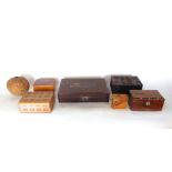 A collection of various wooden boxes to include a good mahogany example, the lid carved with the