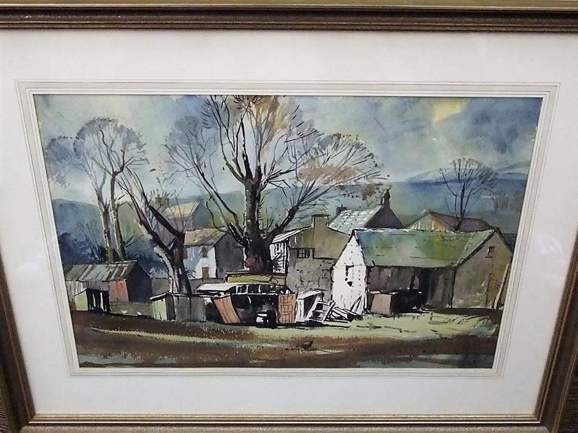 Three 20th century watercolours, two showing farmyard scenes, the other showing a harbour scene, all